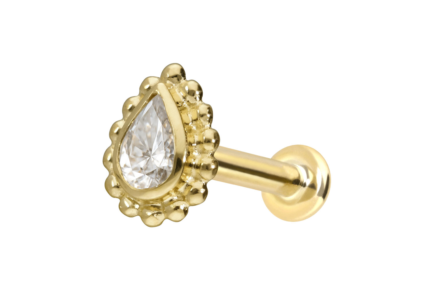 14 Karat Gold Labret Piercing mit Push Fit MOISSANIT-TROPFEN + KUGELN